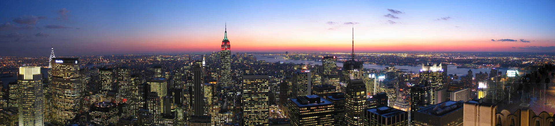 Manhattan skyline and the Empire State Building at dusk, looking south from Top of the Rock