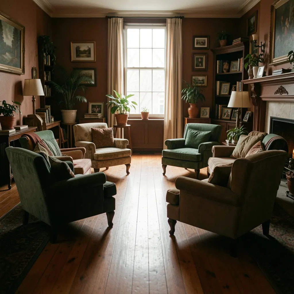 A circle of chairs arranged in a warm living room, set up for a family intervention meeting