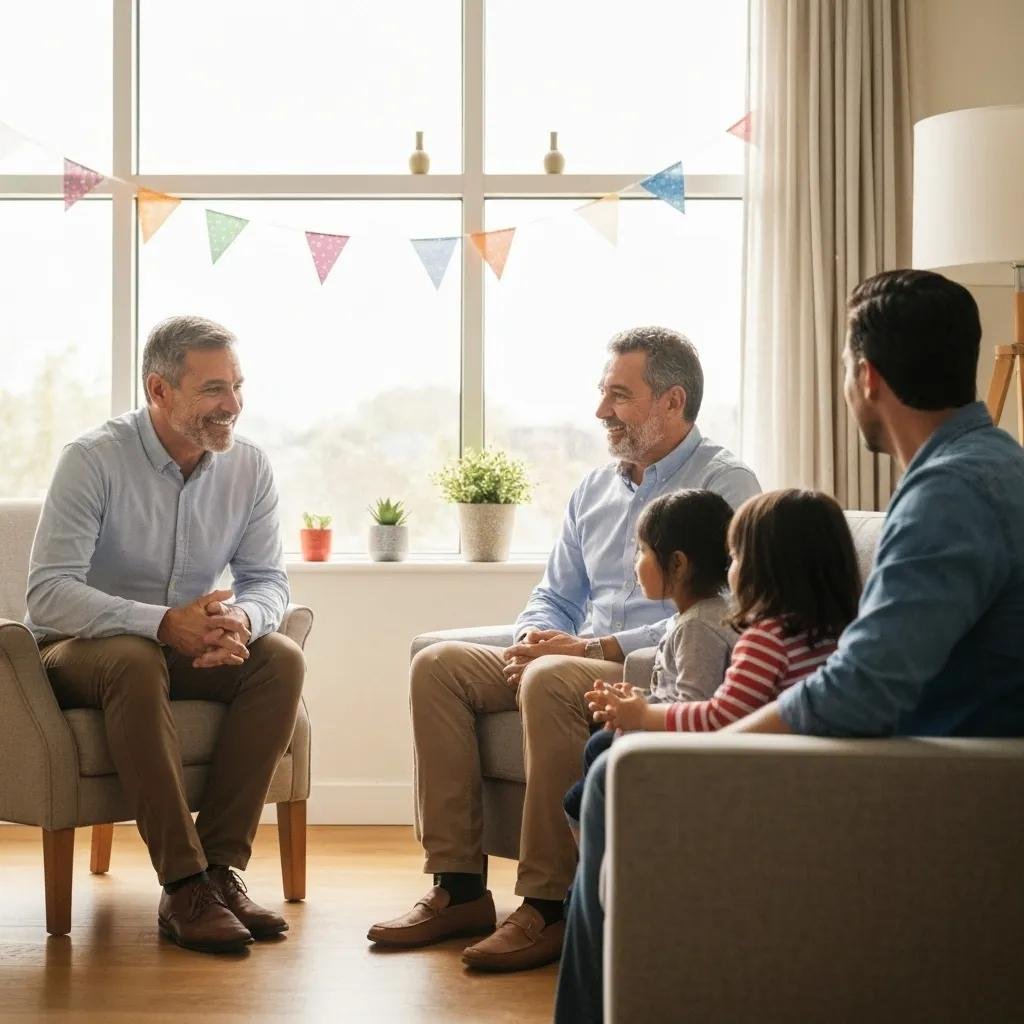 Group discussion in a bright living room, featuring two adult men and two children, emphasizing family support in addiction recovery.