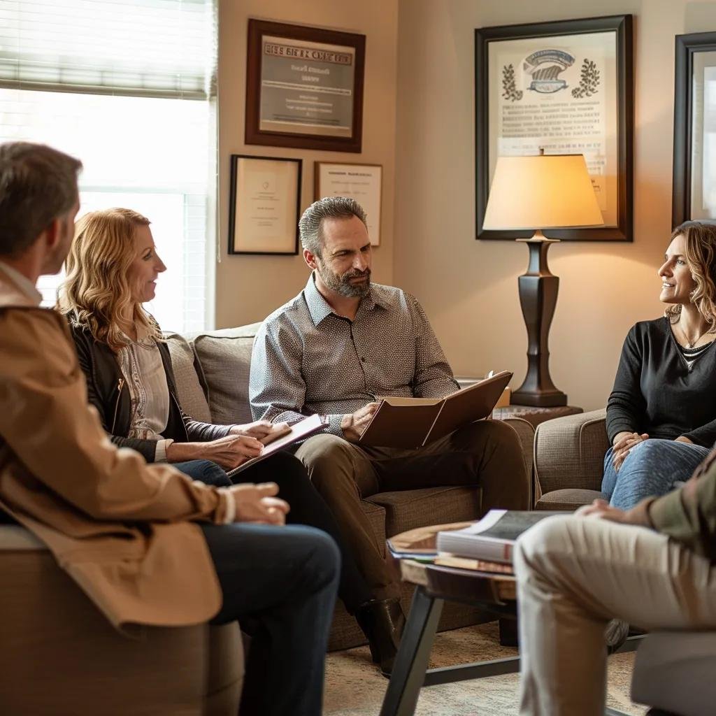 Group therapy session with a professional interventionist discussing addiction recovery, featuring engaged participants in a supportive environment.